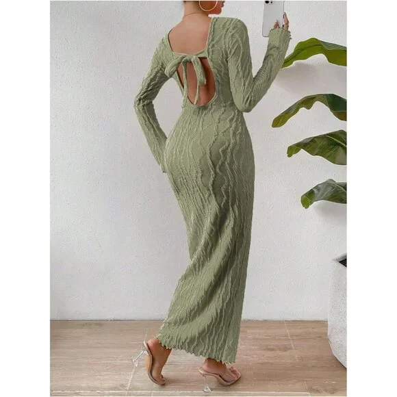 Women's Knit Maxi Dress Long Sleeve Backless Bodycon Fall Winter Green Large - Picture 5 of 6
